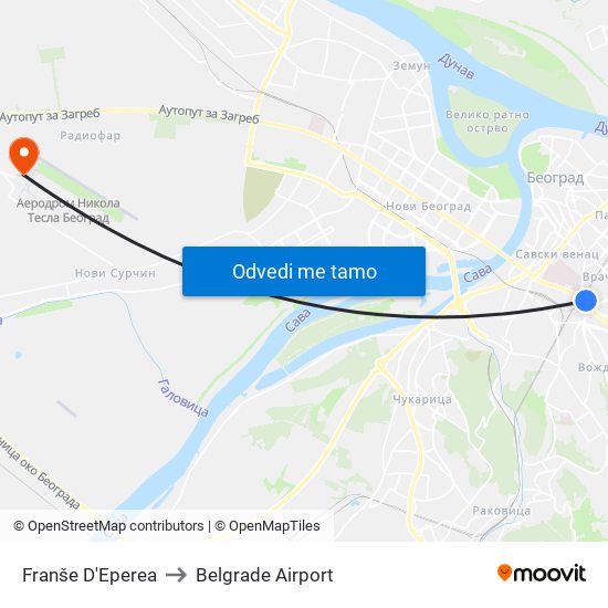 Franše D'Eperea to Belgrade Airport map