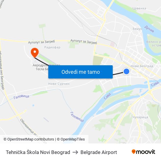 Tehnička Škola Novi Beograd to Belgrade Airport map