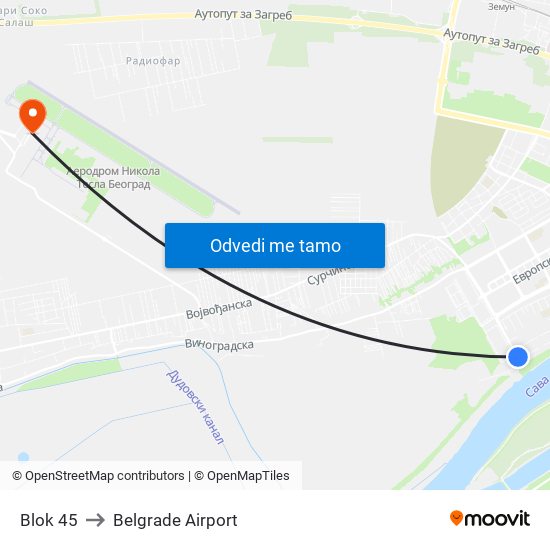 Blok 45 to Belgrade Airport map