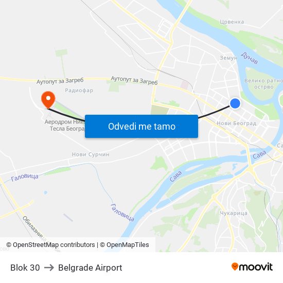 Blok 30 to Belgrade Airport map