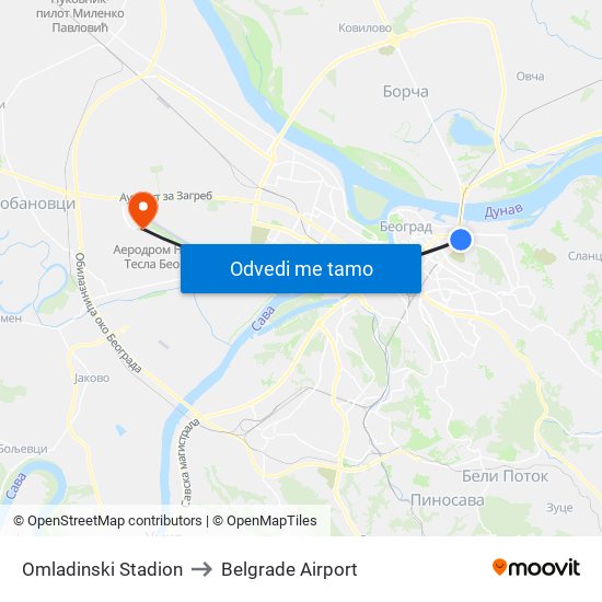 Omladinski Stadion to Belgrade Airport map