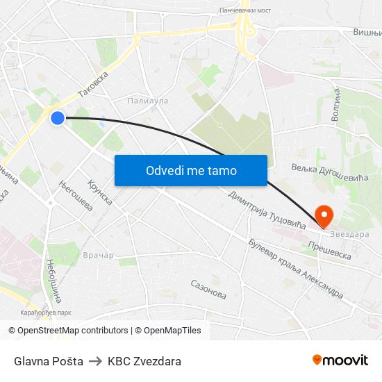 Glavna Pošta to KBC Zvezdara map