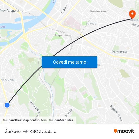 Žarkovo to KBC Zvezdara map