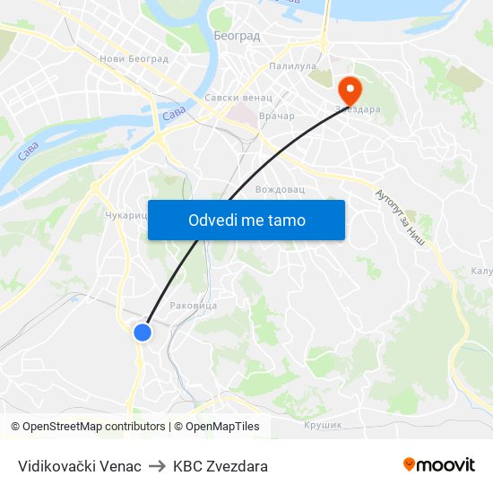 Vidikovački Venac to KBC Zvezdara map