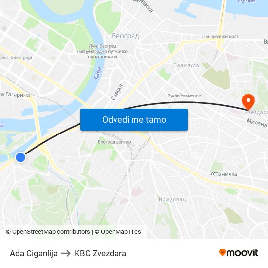 Ada Ciganlija to KBC Zvezdara map