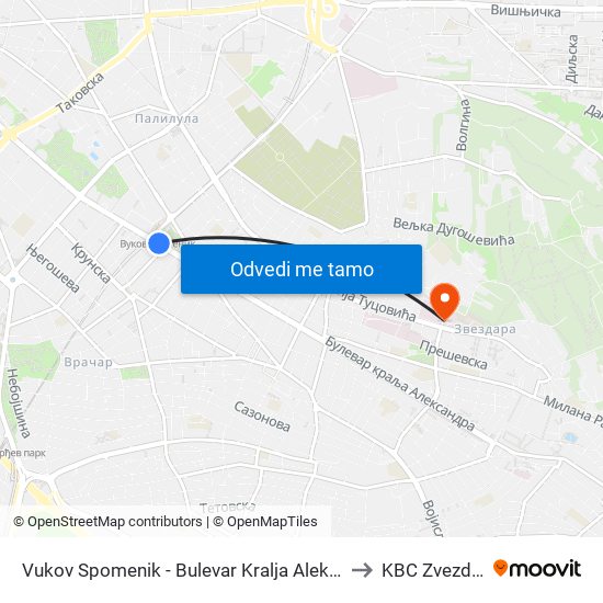 Vukov Spomenik - Bulevar Kralja Аleksandra to KBC Zvezdara map