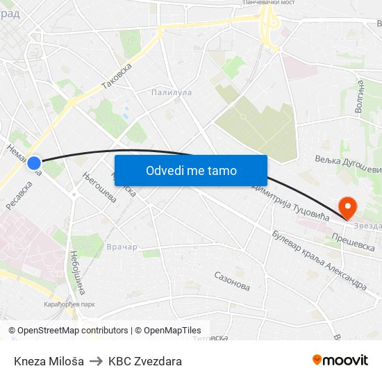 Kneza Miloša to KBC Zvezdara map