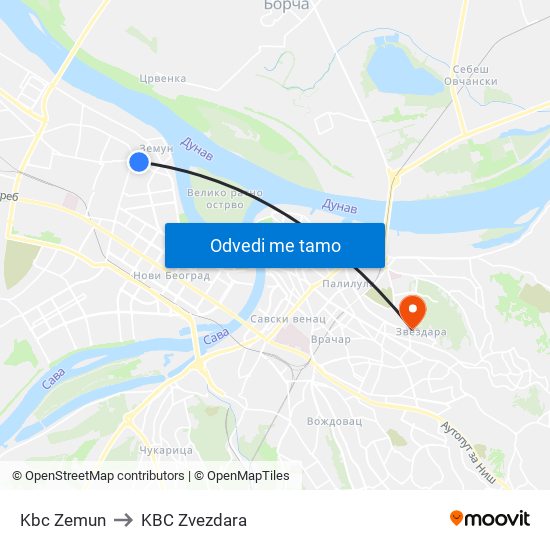 Kbc Zemun to KBC Zvezdara map