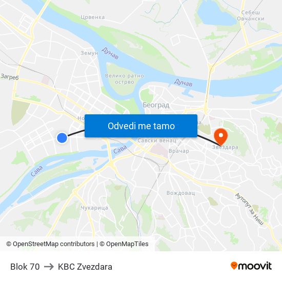 Blok 70 to KBC Zvezdara map