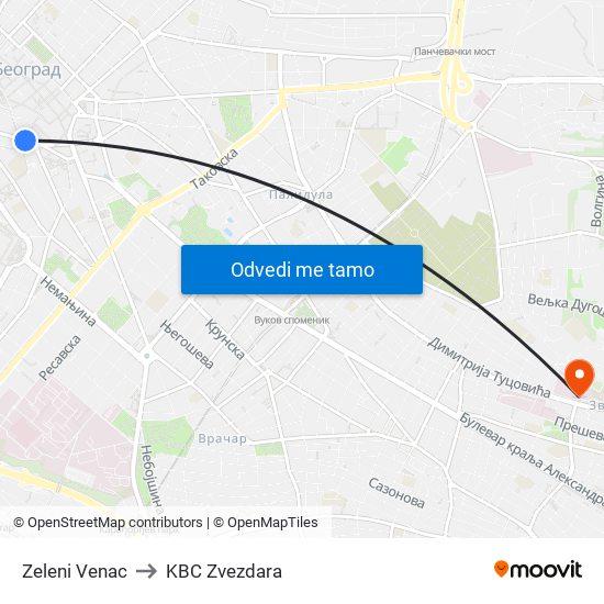 Zeleni Venac to KBC Zvezdara map