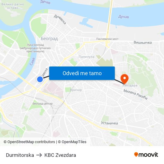 Durmitorska to KBC Zvezdara map