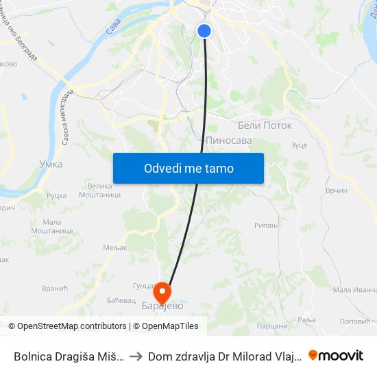 Bolnica Dragiša Mišović to Dom zdravlja Dr Milorad Vlajkovic map