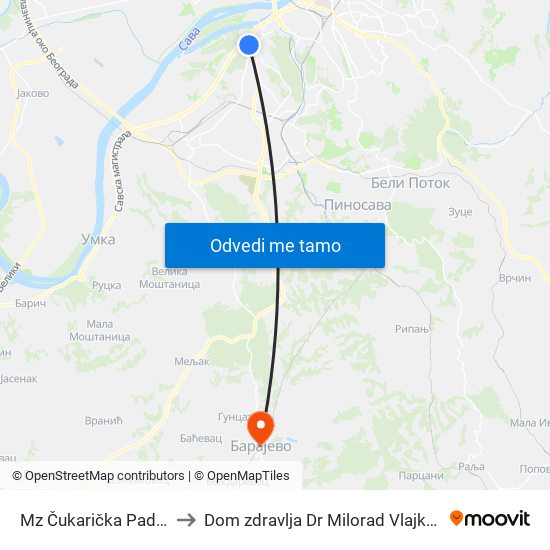 Mz Čukarička Padina to Dom zdravlja Dr Milorad Vlajkovic map