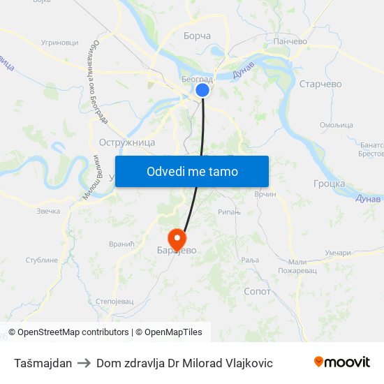 Tašmajdan to Dom zdravlja Dr Milorad Vlajkovic map