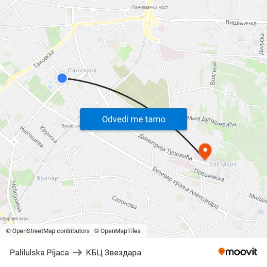 Palilulska Pijaca to КБЦ Звездара map