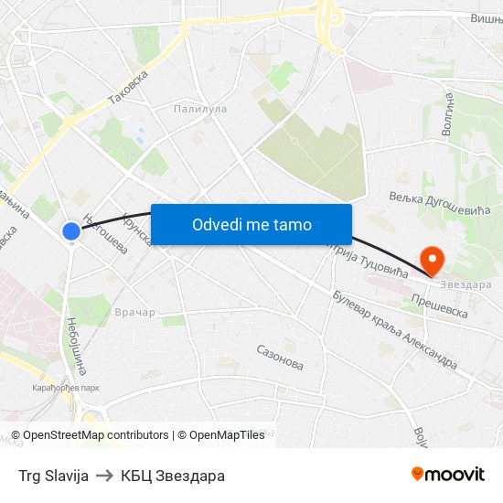 Trg Slavija to КБЦ Звездара map