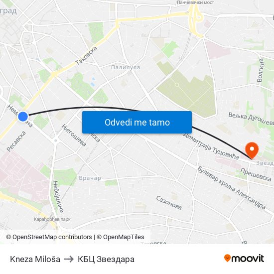 Kneza Miloša to КБЦ Звездара map