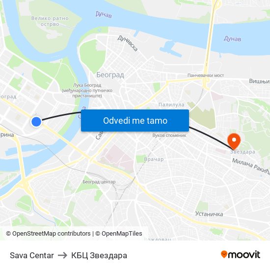 Sava Centar to КБЦ Звездара map