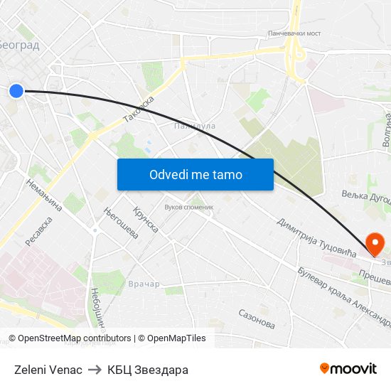 Zeleni Venac to КБЦ Звездара map