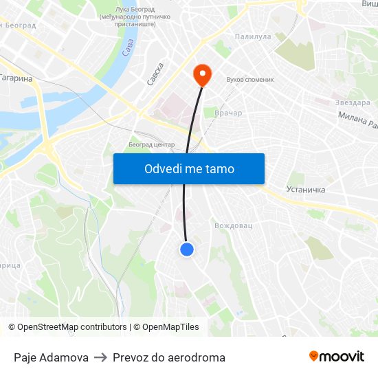 Paje Adamova to Prevoz do aerodroma map