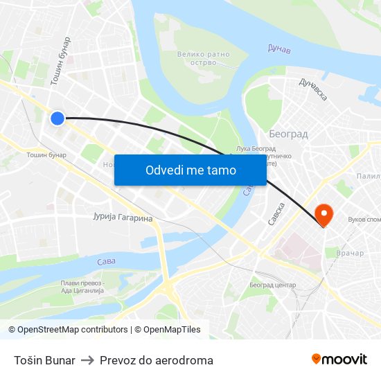 Tošin Bunar to Prevoz do aerodroma map