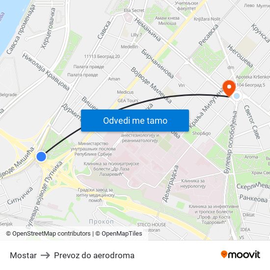 Mostar to Prevoz do aerodroma map