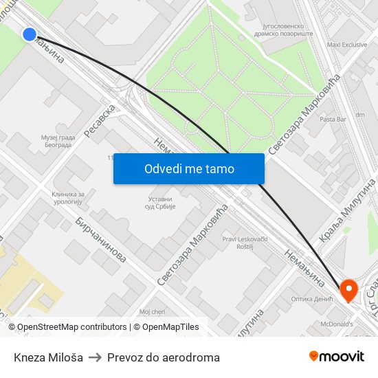 Kneza Miloša to Prevoz do aerodroma map