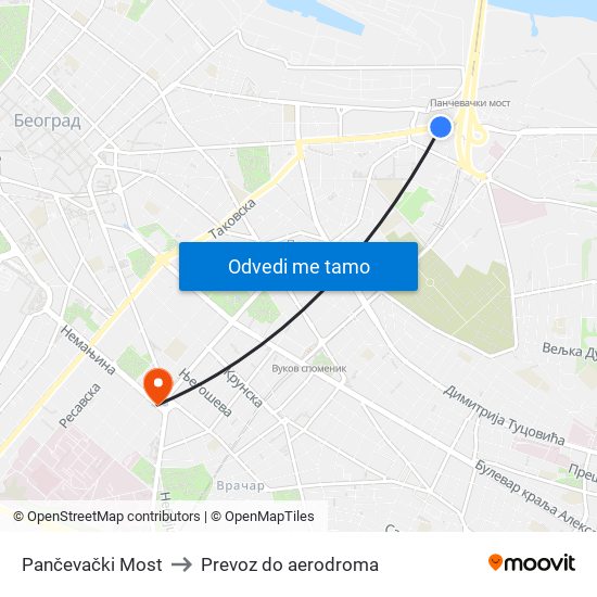 Pančevački Most to Prevoz do aerodroma map