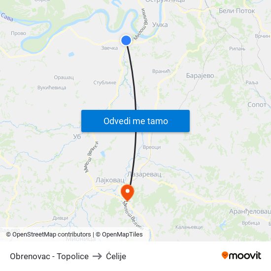 Obrenovac - Topolice to Ćelije map
