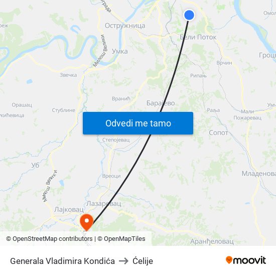 Generala Vladimira Kondića to Ćelije map