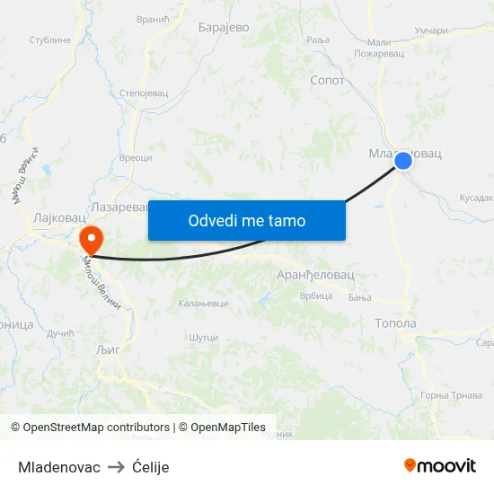 Mladenovac to Ćelije map