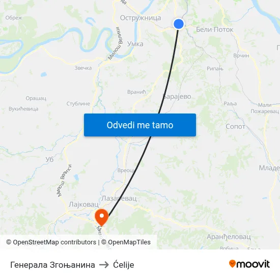 Генерала Згоњанина to Ćelije map
