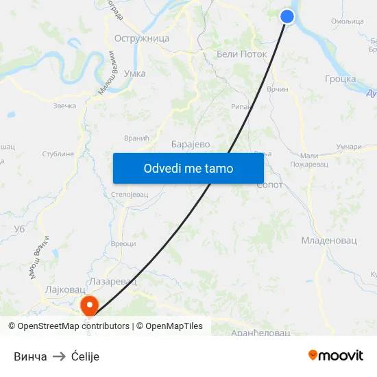 Винча to Ćelije map
