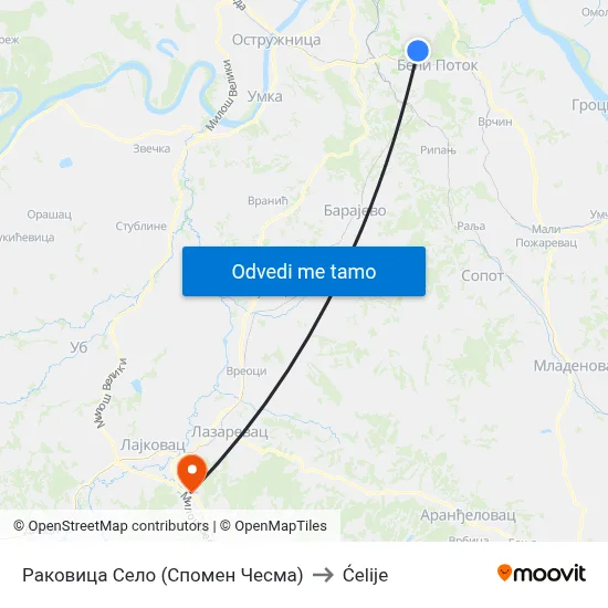 Раковица Село (Спомен Чесма) to Ćelije map