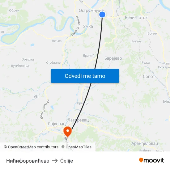 Нићифоровићева to Ćelije map