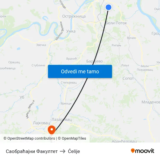 Саобраћајни Факултет to Ćelije map