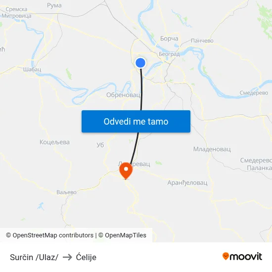 Surčin /Ulaz/ to Ćelije map