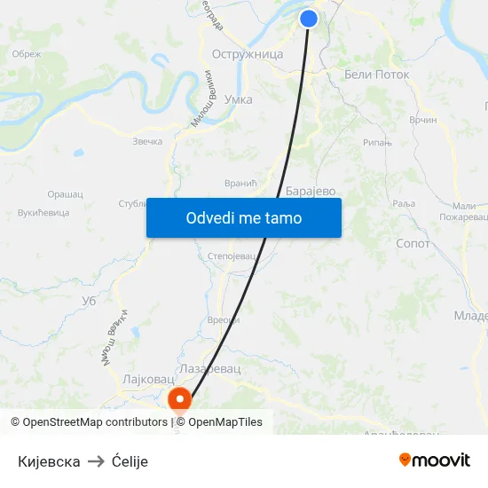 Кијевска to Ćelije map