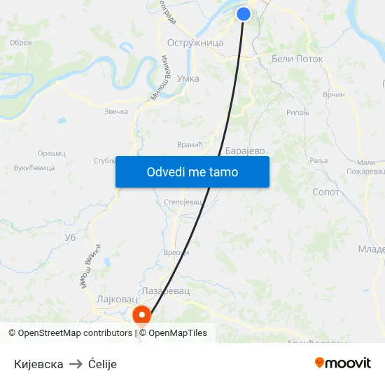Кијевска to Ćelije map