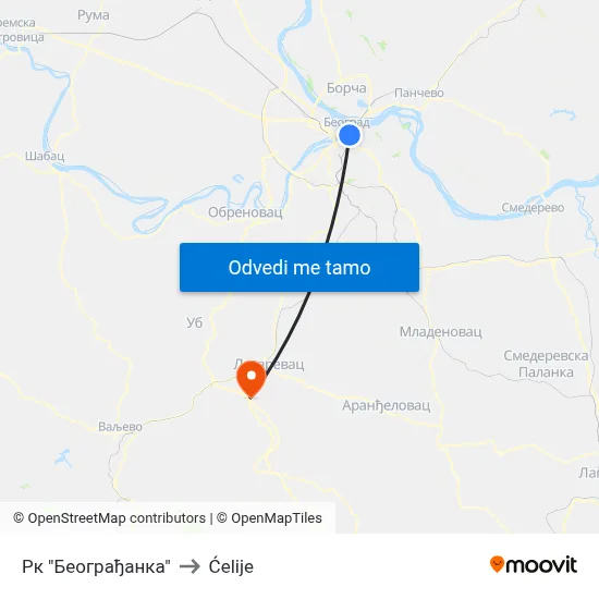 Рк "Београђанка" to Ćelije map