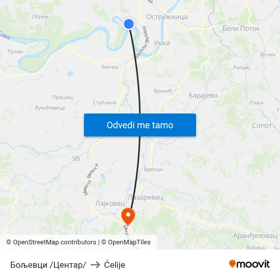 Бољевци /Центар/ to Ćelije map