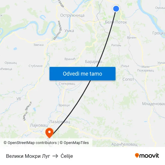 Велики Мокри Луг to Ćelije map