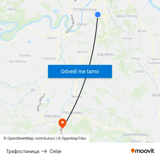 Трафостаница to Ćelije map