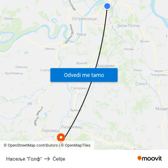 Насеље "Голф" to Ćelije map