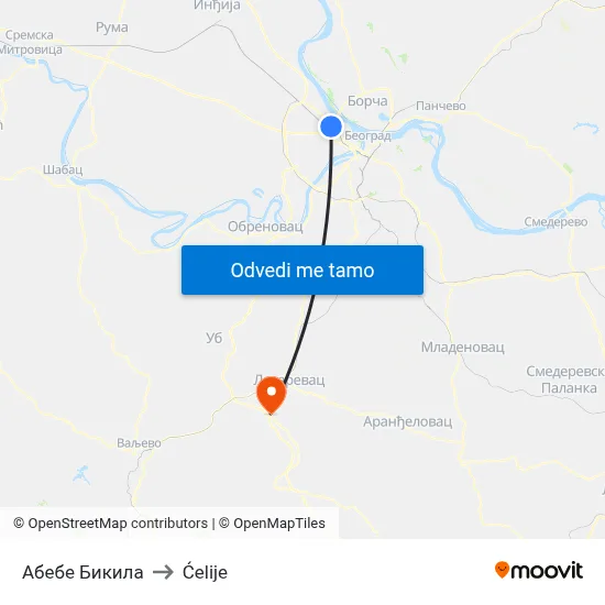 Абебе Бикила to Ćelije map
