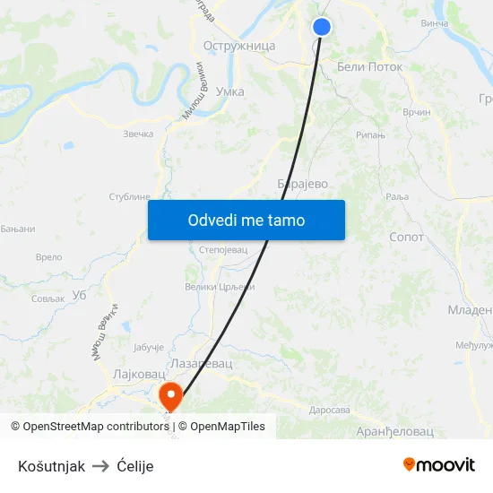 Košutnjak to Ćelije map