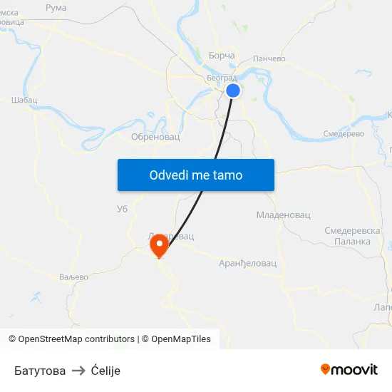 Батутова to Ćelije map