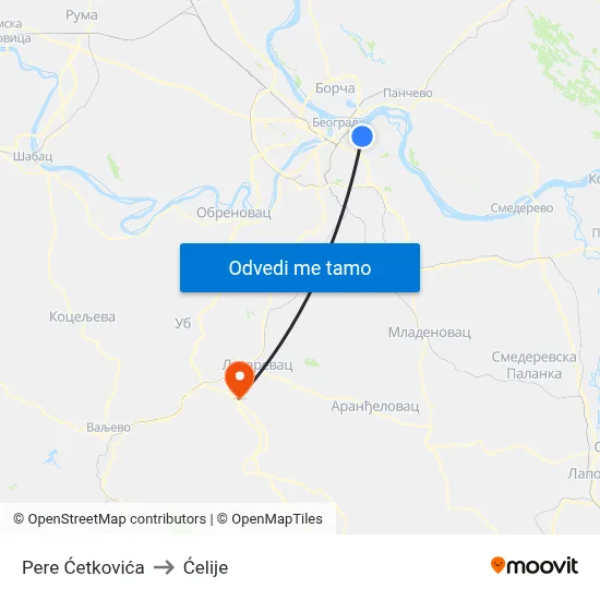 Pere Ćetkovića to Ćelije map