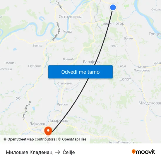 Милошев Кладенац to Ćelije map