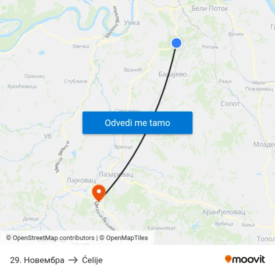 29. Новембра to Ćelije map